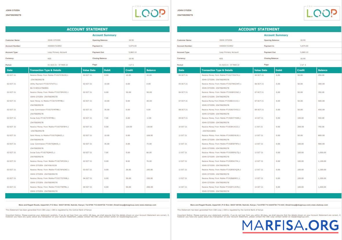 Printable Kenya CBA Loop bank statement word 6 pages template